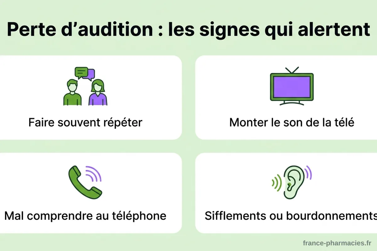 Solutions auditives à chaque âge : enfant, adulte, senior Infographie des signes d'alerte d'une perte d'audition : faire souvent répéter, monter le son de la télévision, mal comprendre au téléphone, sifflements ou bourdonnements