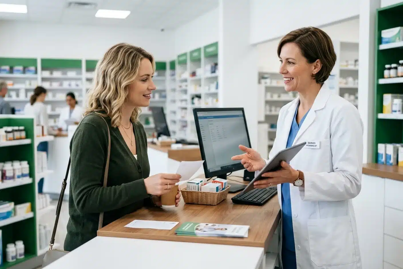 Pharmacienne conseillant un patient pour un mal de gorge Pharmacienne en blouse blanche conseillant une patiente au comptoir d'une pharmacie moderne