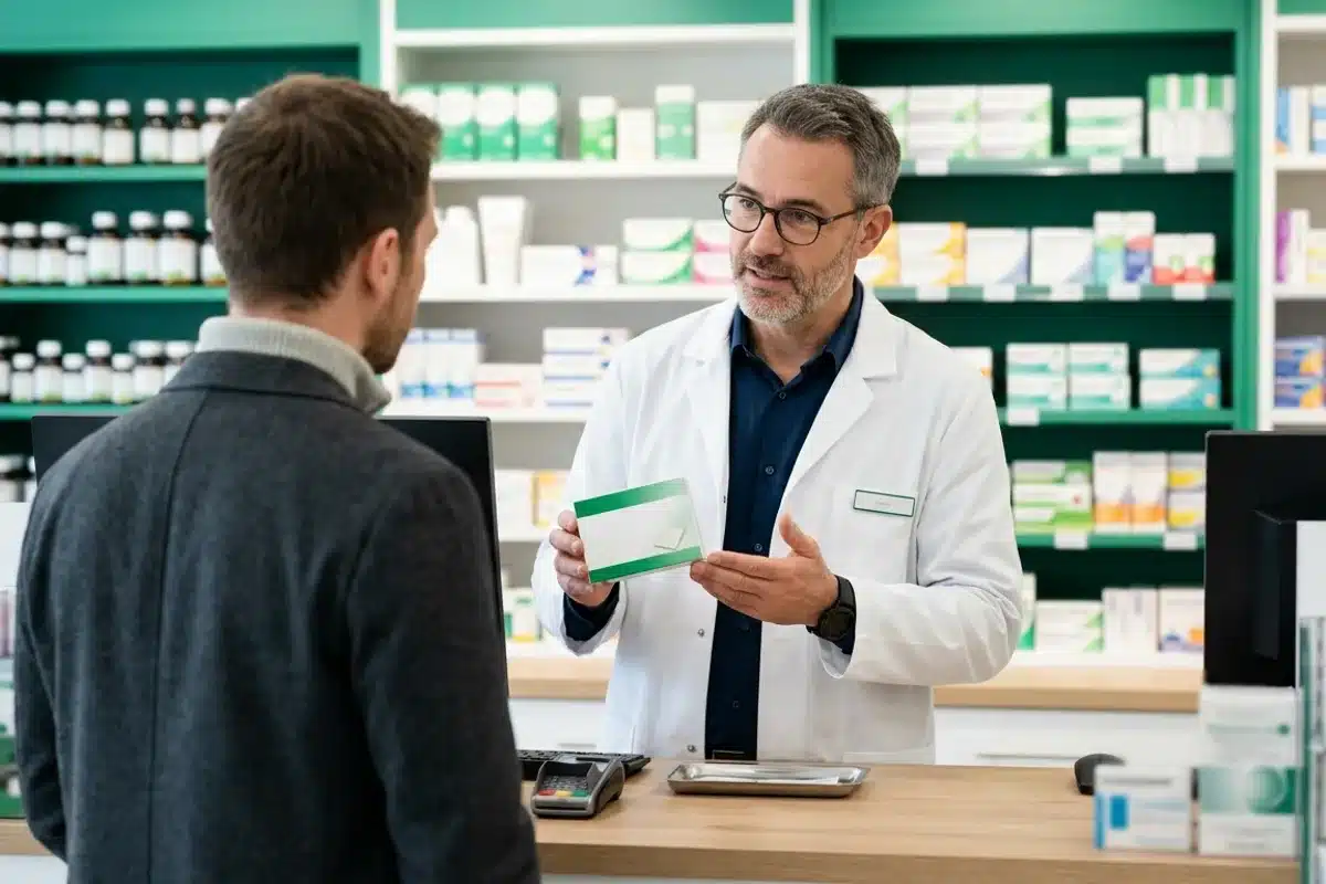 Pharmacien conseillant sur le dosage du patch nicotine Pharmacien montrant une boîte de patchs nicotiniques à un patient au comptoir d'une pharmacie