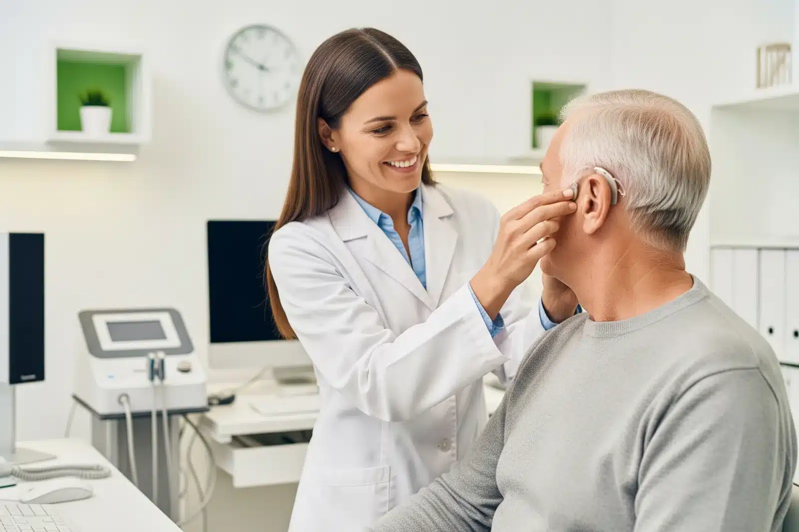 Réglage d'un appareil auditif chez l'audioprothésiste Audioprothésiste réglant un appareil auditif contour d'oreille sur un homme senior en cabinet