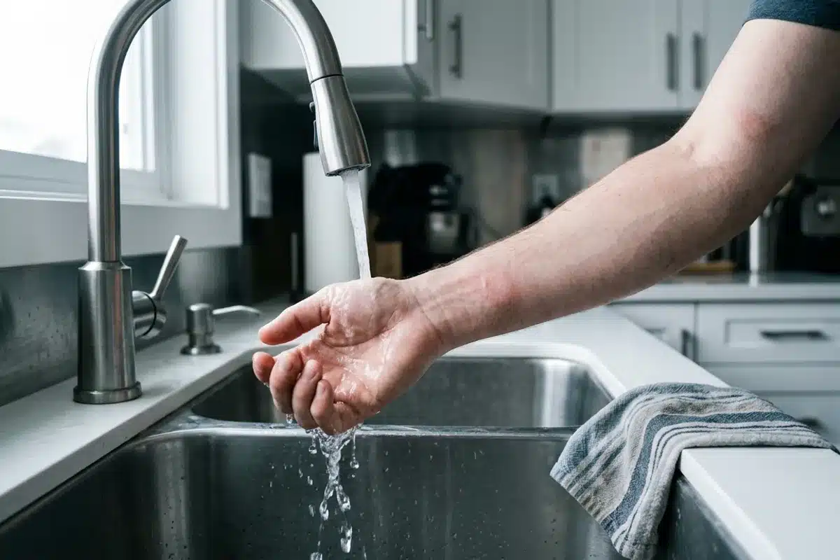 Refroidir une brûlure sous l'eau du robinet Avant-bras portant une brûlure refroidi sous l'eau courante à l'évier d'une cuisine
