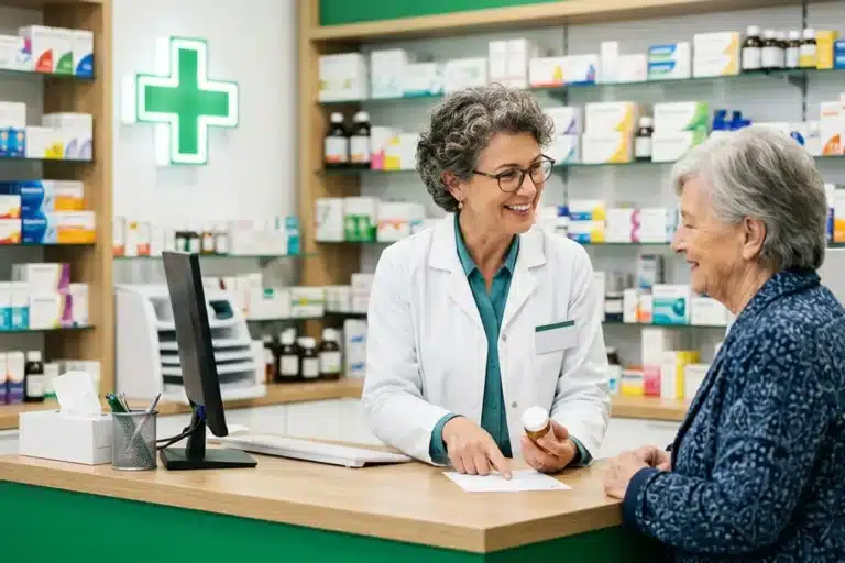 Pharmacienne au comptoir conseillant un patient sur le remboursement des substituts nicotiniques