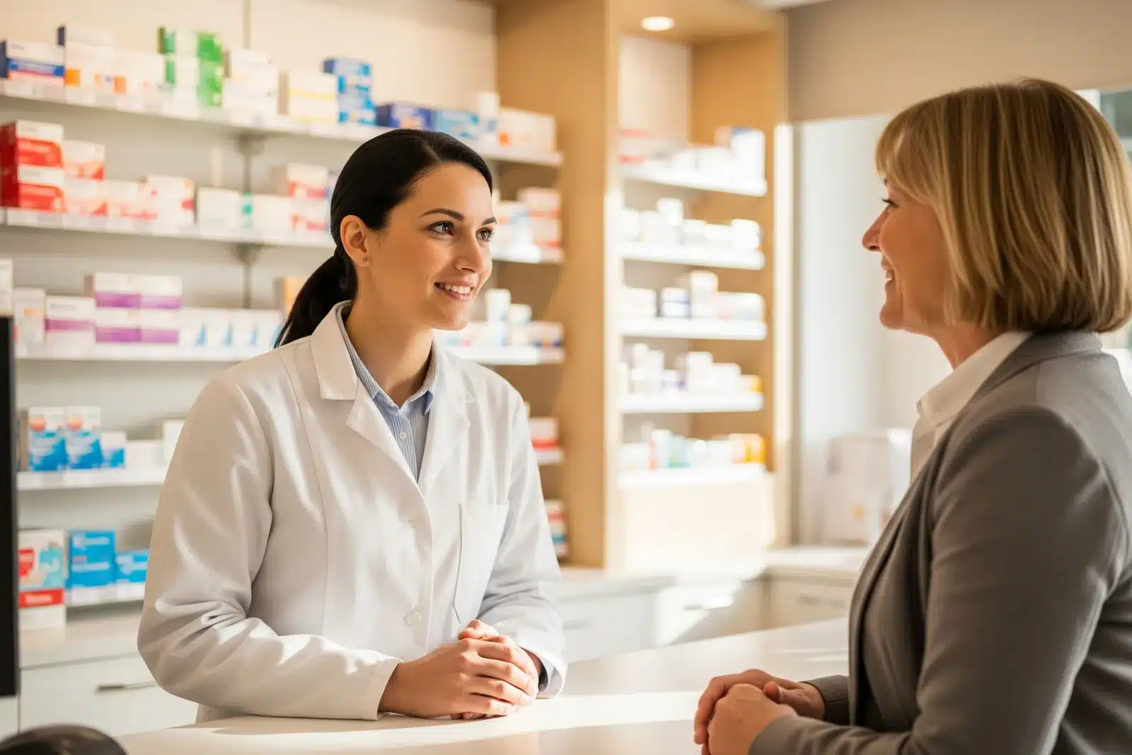 Streptotest en pharmacie : pharmacienne et patiente au comptoir Pharmacienne en blouse blanche realisant un streptotest pour une patiente au comptoir de l'officine