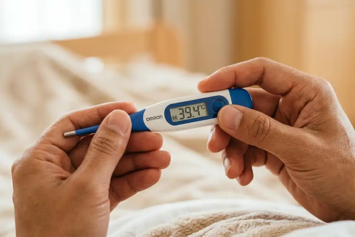 Symptomes de l'angine : fievre et thermometre Thermometre digital affichant de la fievre, signe clinique d'une angine a streptocoque