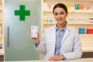 pharmacienne en blouse blanche montrant un kit de test grippe en pharmacie
