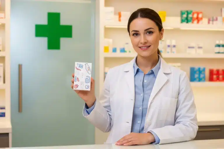 pharmacienne en blouse blanche montrant un kit de test grippe en pharmacie