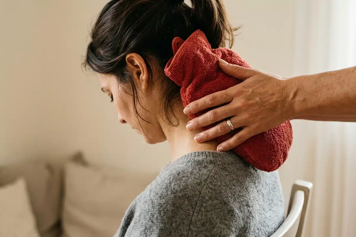 Application de chaleur sur la nuque pour torticolis Bouillotte appliquée sur la nuque pour soulager une contracture musculaire cervicale
