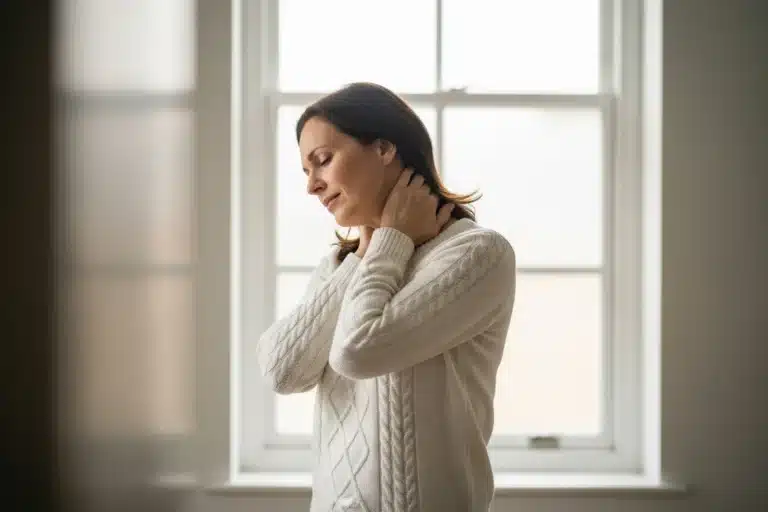 Femme se tenant le cou, soulagée après un torticolis, debout devant une fenêtre lumineuse