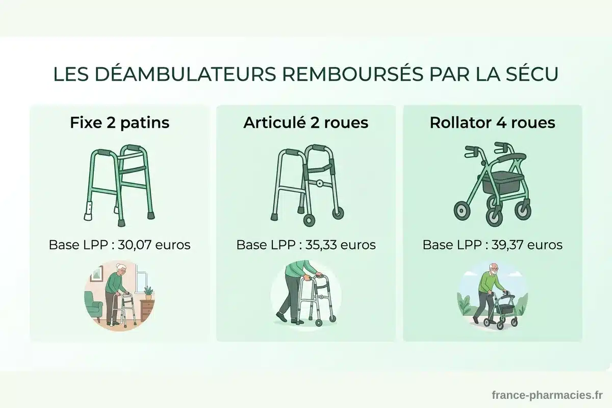 Types de déambulateurs remboursés et bases LPP Schéma comparatif des trois types de déambulateurs remboursés par la Sécurité sociale avec leurs bases LPP