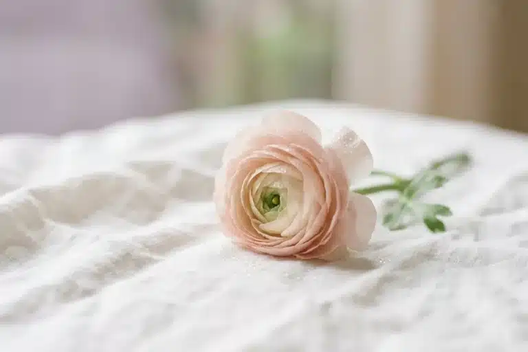 Renoncule rose posée sur du linge blanc, illustration douce de la santé intime féminine