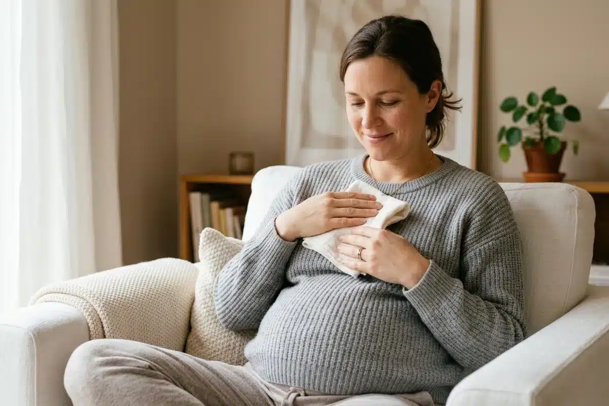 Femme enceinte applique une compresse tiède sur la poitrine Femme enceinte assise dans un fauteuil blanc, appliquant une compresse chaude sur sa poitrine, pull gris, ambiance douce