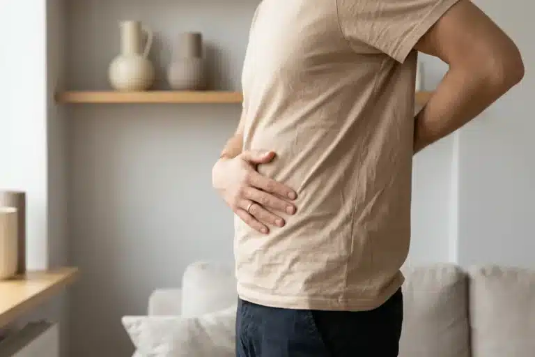Personne tenant son bas-ventre côté droit, illustrant la zone de localisation de l appendice dans la fosse iliaque droite