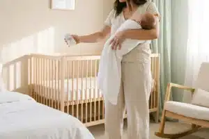 Bébé de 2 mois dans les bras d'un parent recevant son biberon dans une chambre douce et lumineuse