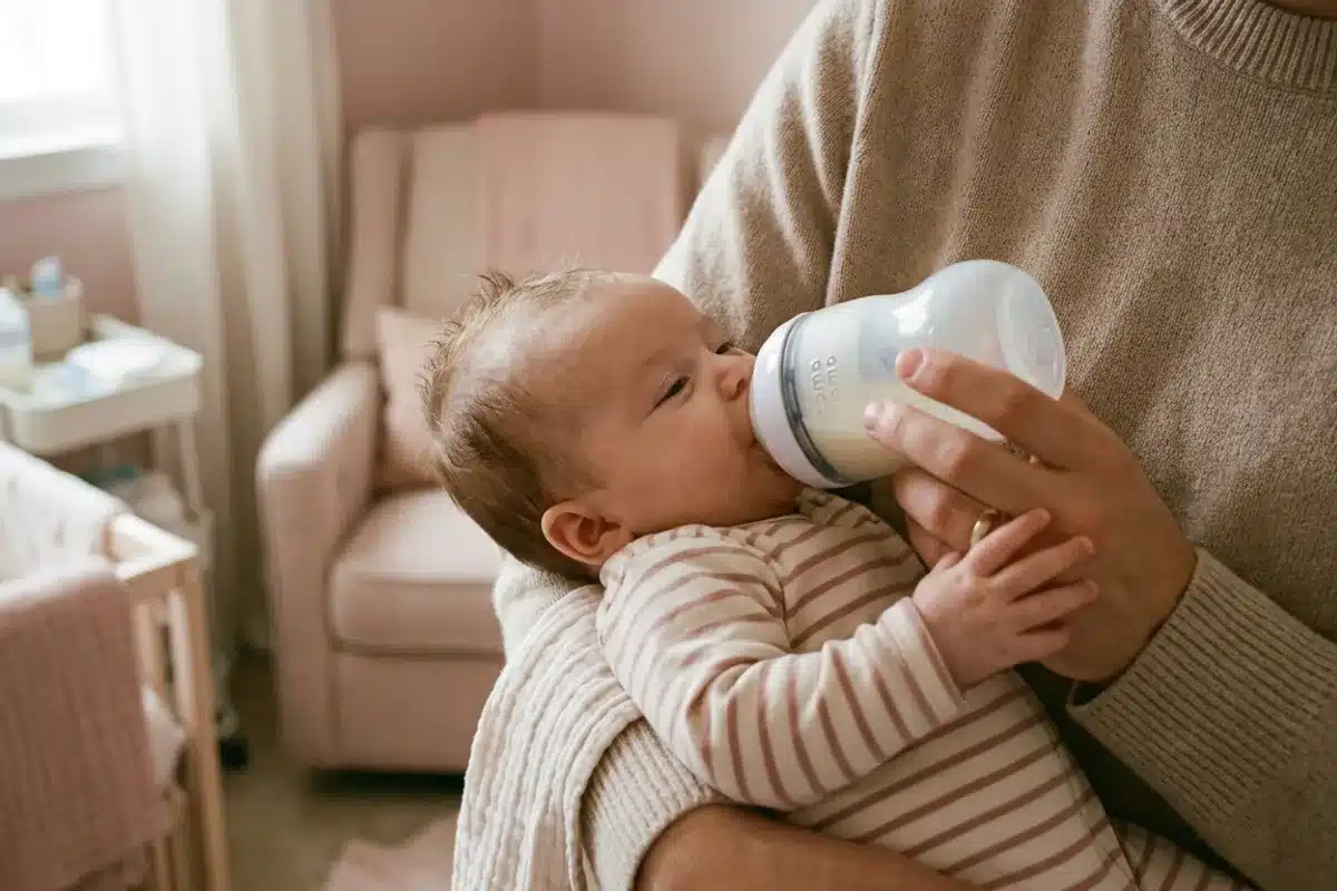 signal de satiété bébé biberon Bébé de 2 mois tournant la tête sur le côté lors du biberon, tenu dans les bras d'un parent