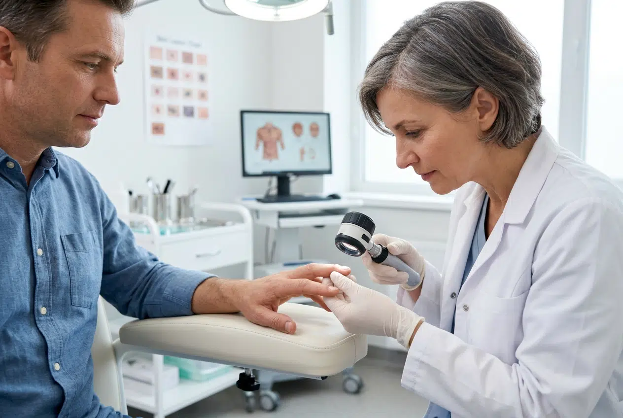 Consultation dermatologique examen des ongles au dermoscope Dermatologue examinant un ongle avec dermoscope lors d'une consultation dermatologique
