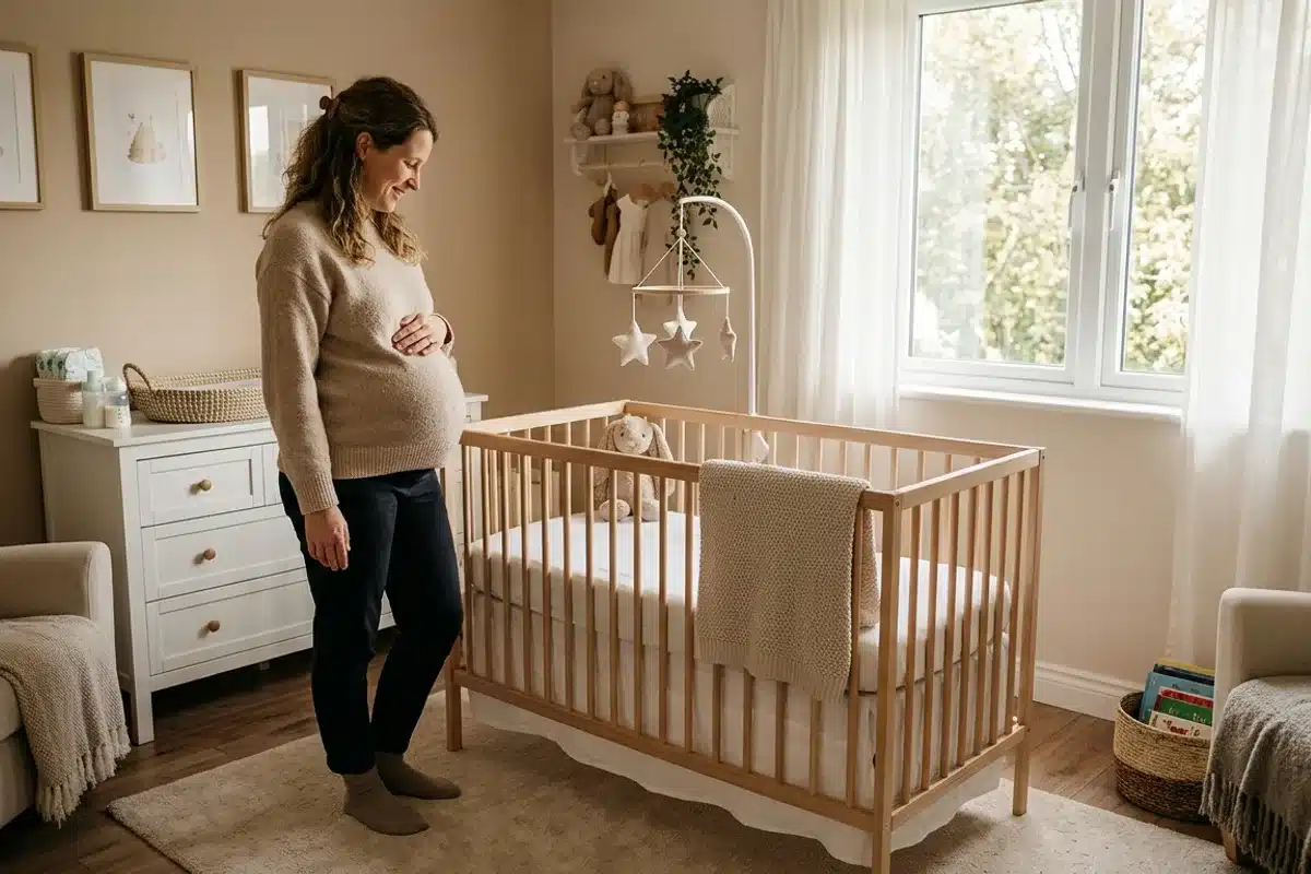 Attente du travail obstétrical avec un col effacé en fin de grossesse Femme enceinte au troisième trimestre dans une chambre de bébé, attendant le début du travail après effacement du col