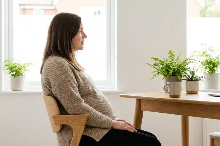 Femme enceinte en consultation avec une sage-femme discutant de l'effacement du col avant l'accouchement