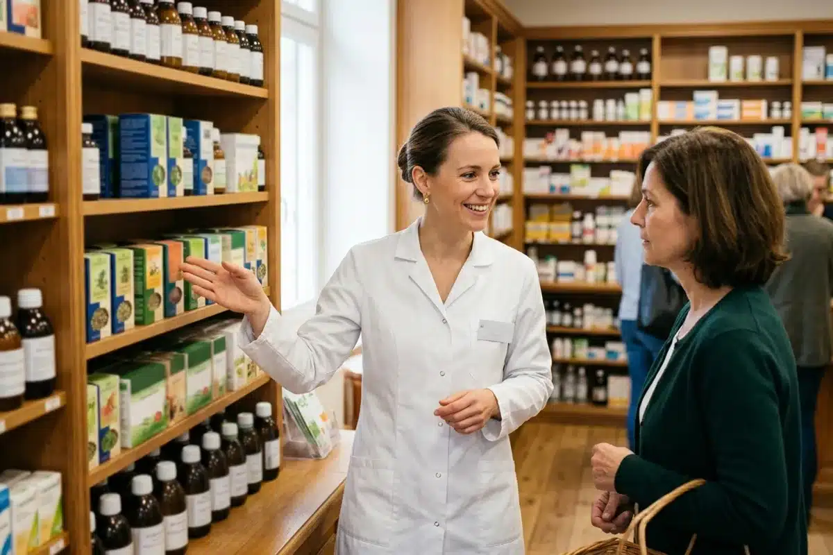 Conseil en phytothérapie à l'officine Pharmacienne conseillant un produit à base de plantes au rayon phytothérapie