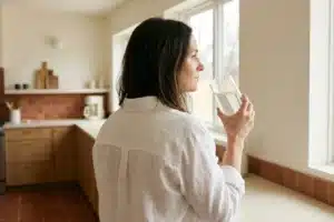 Constipation après gastro - femme dans une cuisine tenant un grand verre d'eau pour se réhydrater