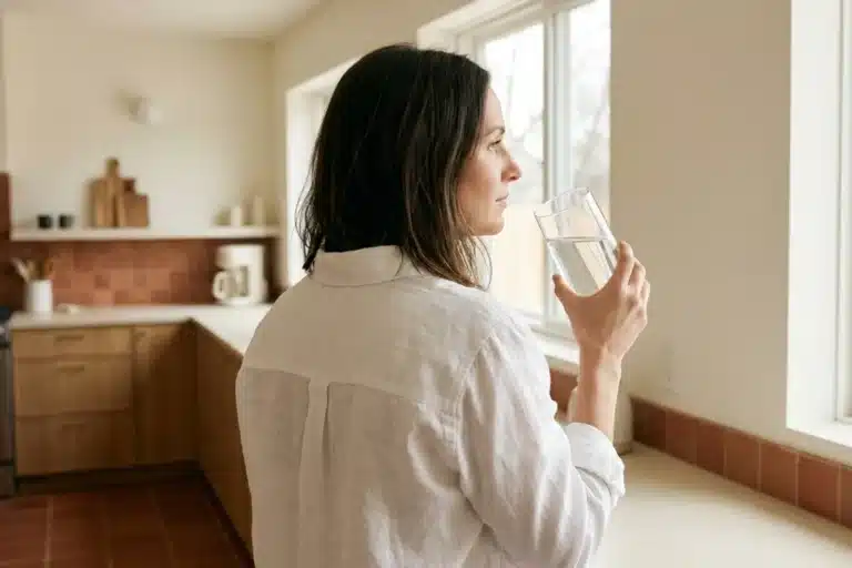 Constipation après gastro - femme dans une cuisine tenant un grand verre d'eau pour se réhydrater