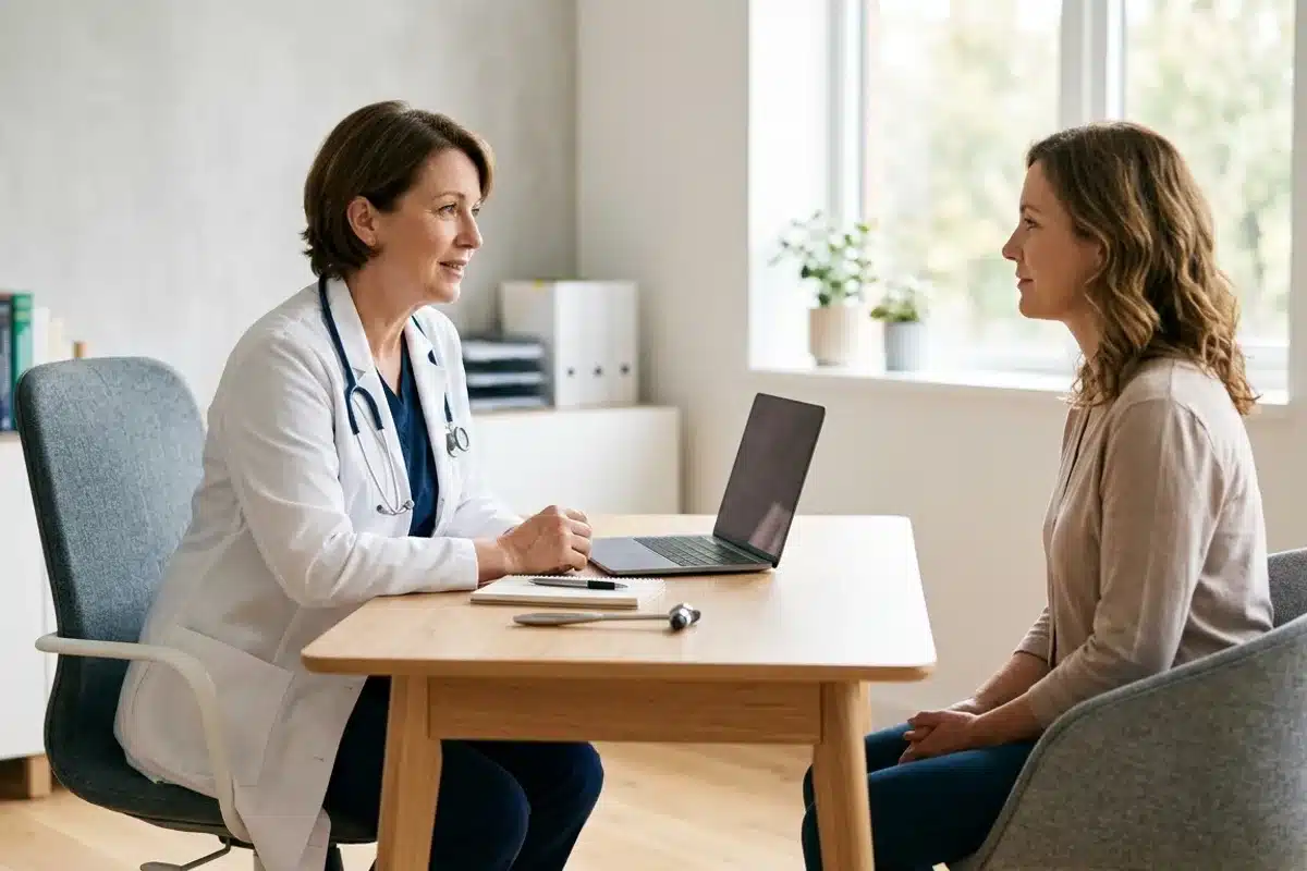 Médecin en consultation pour saignement hémorroïdaire Médecin en consultation avec un patient pour évaluer un saignement hémorroïdaire