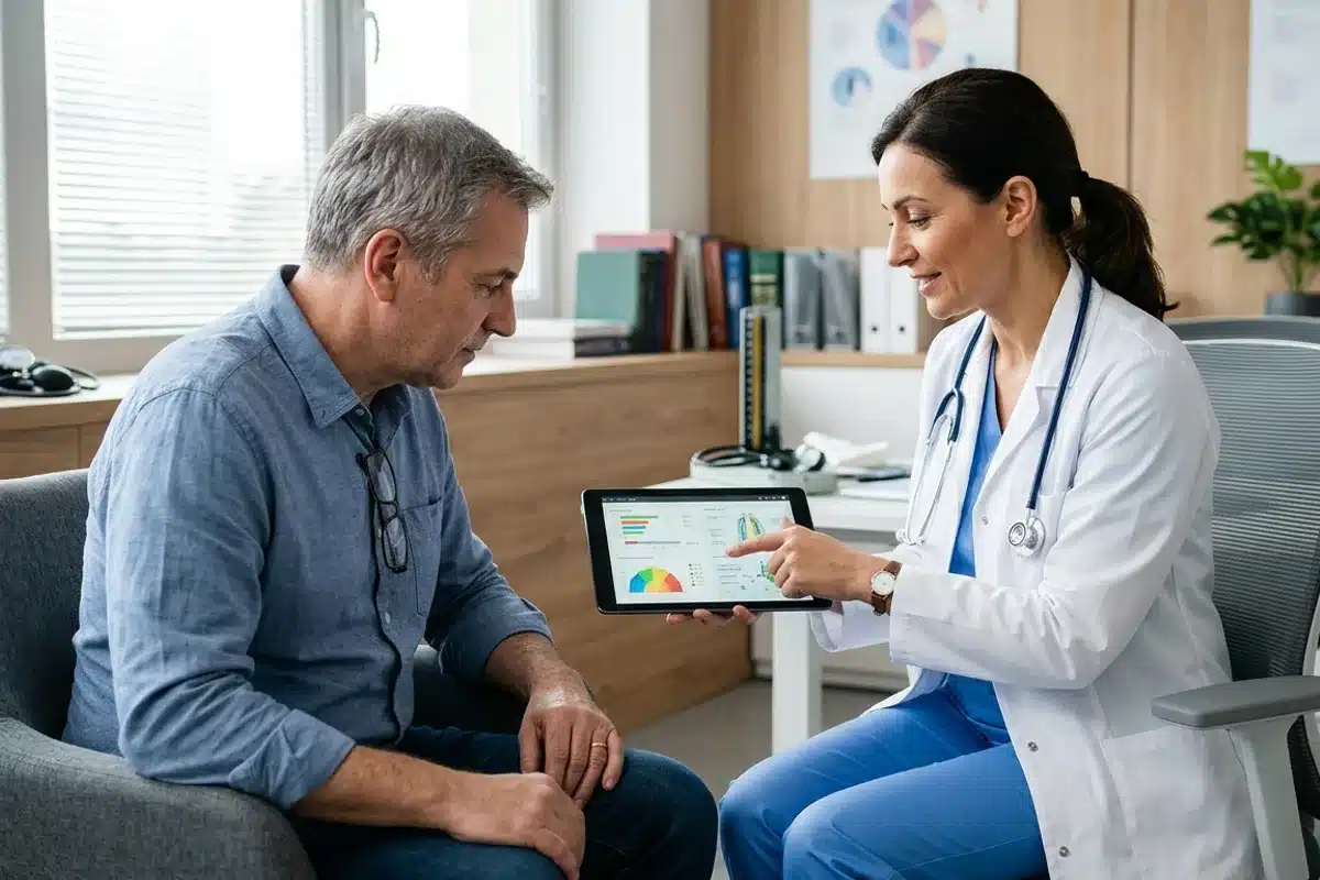 Consultation médicale pour un problème de vésicule biliaire Médecin en blouse blanche montrant une tablette à un patient lors d une consultation pour la vésicule biliaire