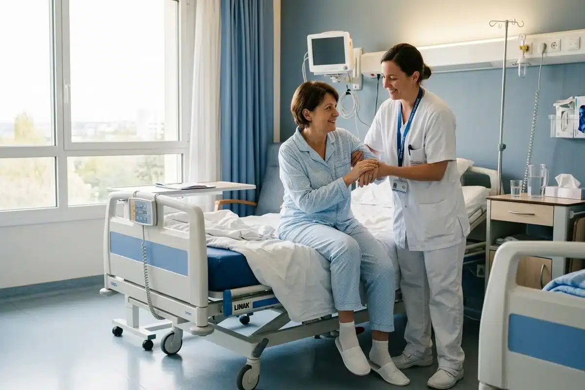 Convalescence post-hystérectomie mobilisation précoce Femme en convalescence post-opératoire se levant du lit avec l'aide d'une infirmière