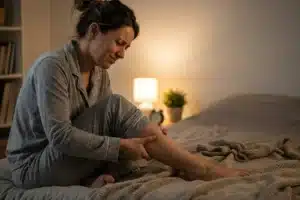 Femme assise au bord de son lit la nuit massant son mollet douloureux