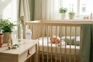 Chambre de bébé avec berceau en bois, biberon et bouteille d'eau minérale posés sur une commode