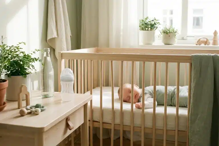 Chambre de bébé avec berceau en bois, biberon et bouteille d'eau minérale posés sur une commode