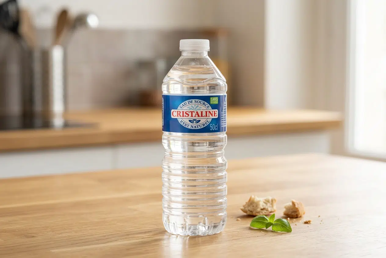 Bouteille d'eau minérale naturelle sur plan de travail de cuisine Bouteille d'eau minérale naturelle avec étiquette affichant sa composition, posée sur un plan de travail blanc
