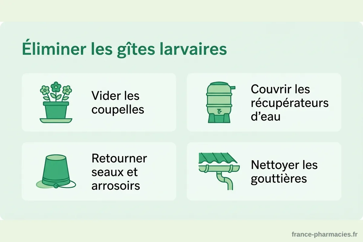 Éliminer les gîtes larvaires du moustique tigre Infographie : vider les coupelles, couvrir l'eau, retourner les seaux et nettoyer les gouttières contre le moustique tigre