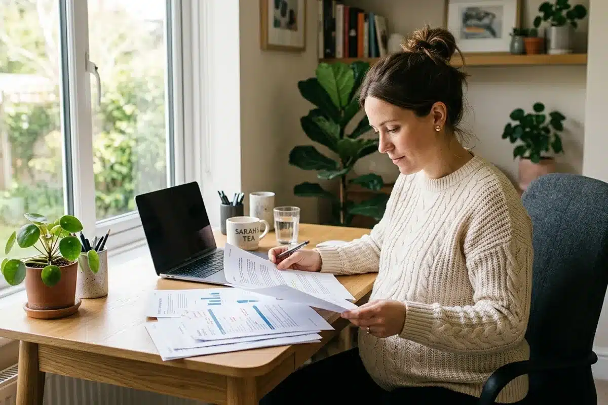 Femme enceinte consultant ses droits pour arrêt de travail Femme enceinte lisant des documents sur ses droits liés à l'arrêt de travail