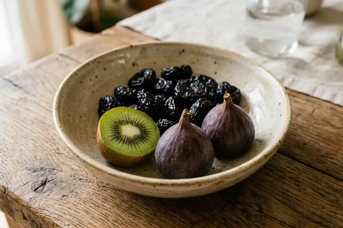 Bol de pruneaux, kiwi et figues sur une planche en bois, aliments riches en fibres pour relancer le transit intestinal