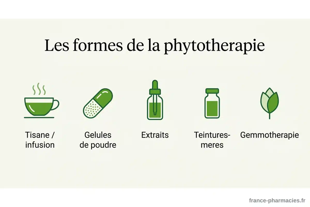 Les formes de la phytothérapie Infographie des formes de la phytothérapie : tisane, gélules, extraits, teintures-mères, gemmothérapie