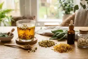 Phytothérapie au quotidien : tisane, plantes séchées, flacon et gélules sur une table