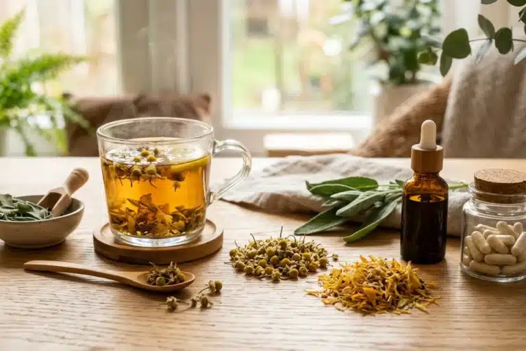 Phytothérapie au quotidien : tisane, plantes séchées, flacon et gélules sur une table