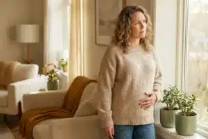Femme tenant son bas-ventre, symptôme de kyste ovarien pouvant provoquer un ventre gonflé