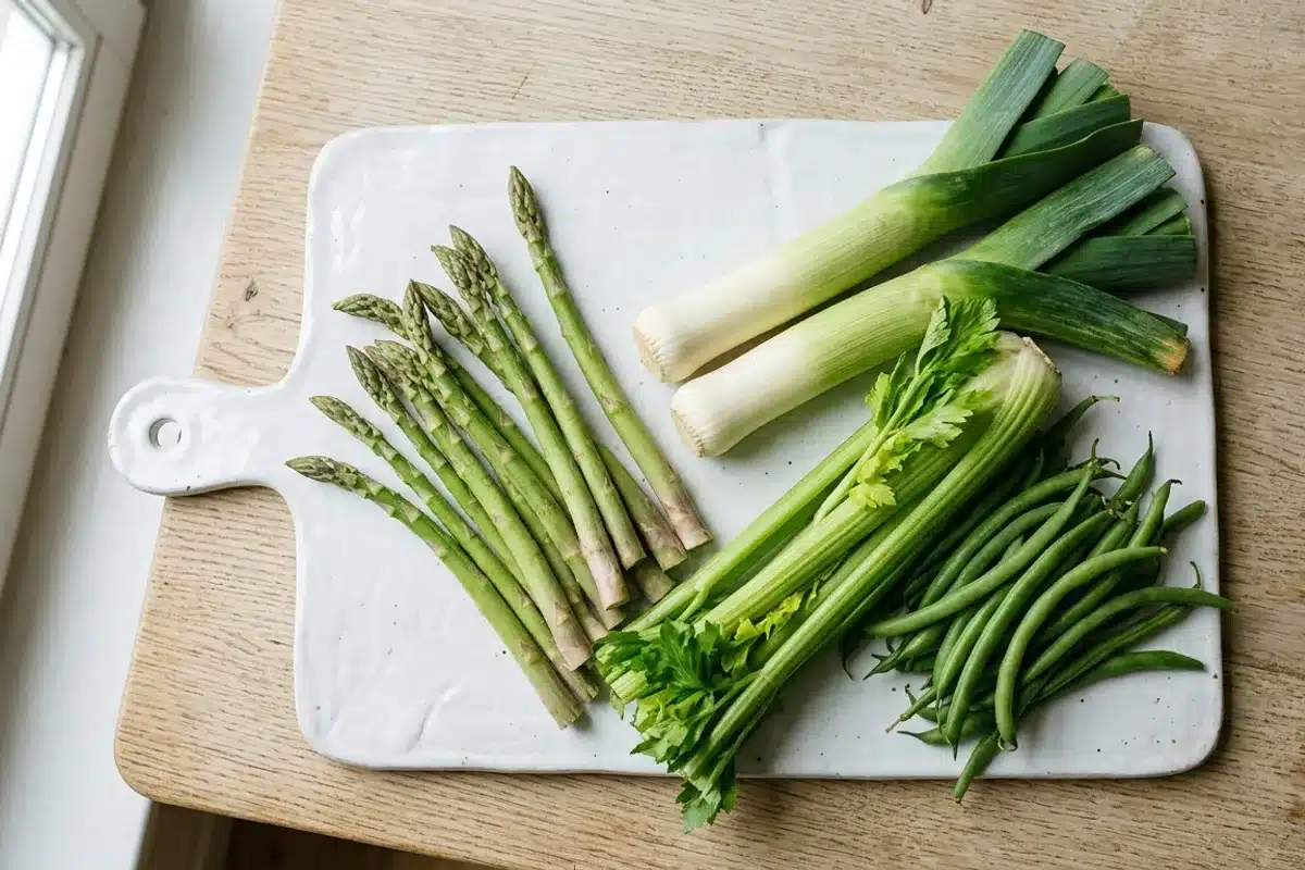 Poireaux, céleri et asperges sur planche à découper, légumes dont les fibres peuvent apparaître dans les selles