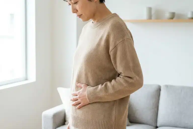 Personne posant la main sur son ventre, s inquietant d un symptome digestif inhabituel