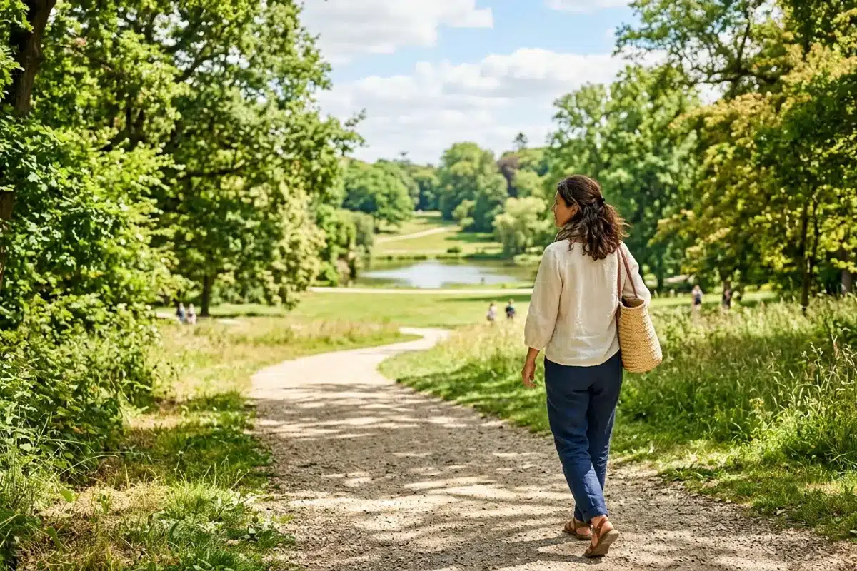 Femme marchant dans un parc, activité physique douce recommandée pour relancer le transit après une gastro