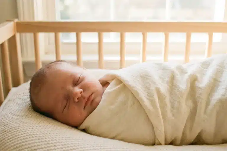 Nouveau-né qui dort 7 h sans manger dans un berceau, couverture douce, lumière naturelle