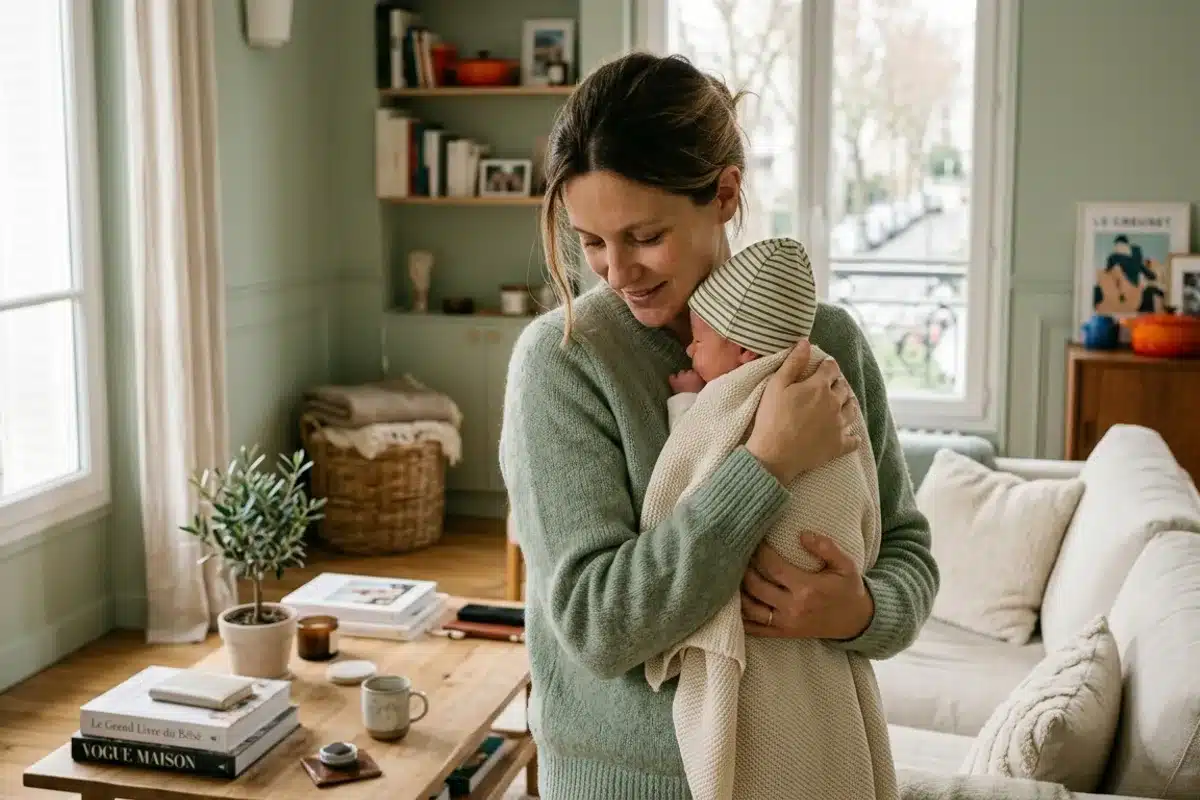 parent observant son bébé après geste maladroit Parent tenant son bébé contre son épaule dans un salon clair, observant calmement son comportement