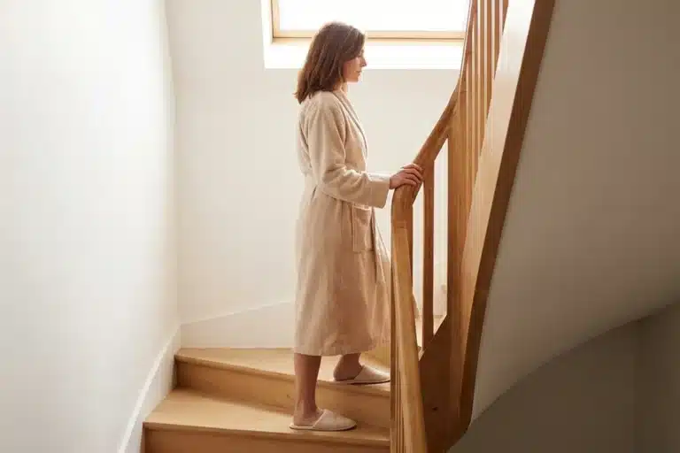 Femme montant les escaliers après une hystérectomie, tenant la rampe en bois dans un couloir ensoleillé