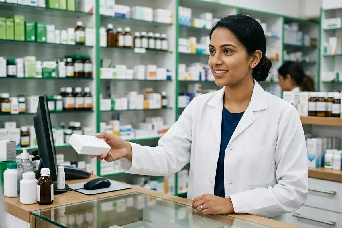 Pharmacien conseillant sur l arret d un traitement corticoide Pharmacienne en blouse blanche derriere son comptoir tenant une boite de medicament, representant le conseil sur l arret progressif de la cortisone