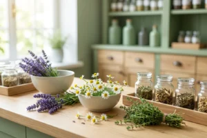 Phytothérapie : plantes médicinales fraîches et séchées sur un comptoir de pharmacie