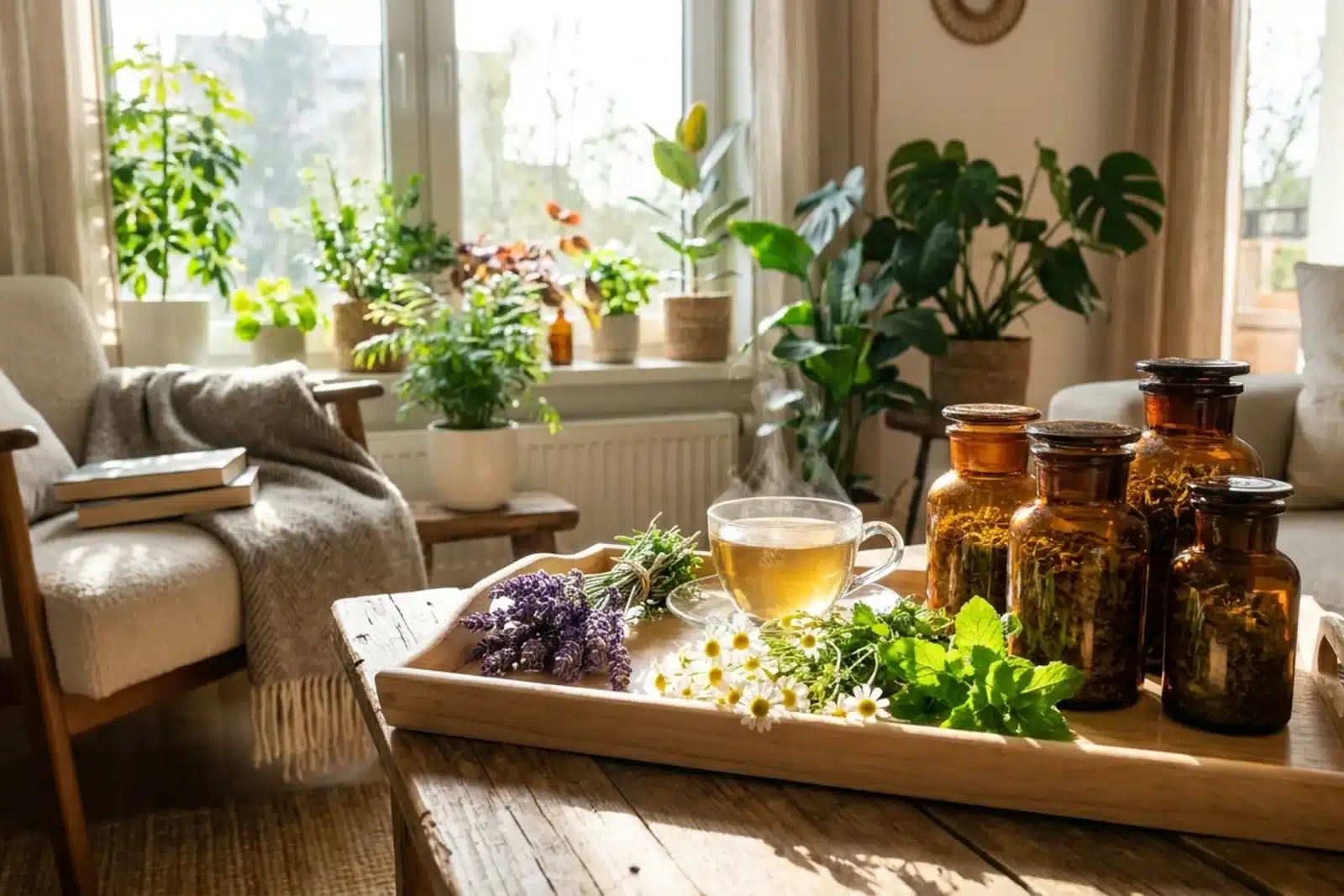 Plateau de tisane et de plantes au quotidien Plateau de tisane et de plantes de phytothérapie près d'une fenêtre ensoleillée