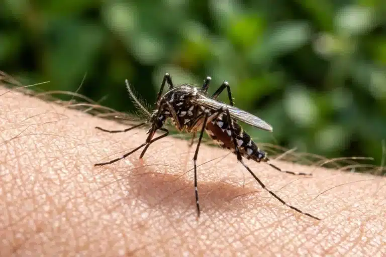 Moustique tigre rayé noir et blanc posé sur un avant-bras dans un jardin, illustrant la piqûre de moustique tigre