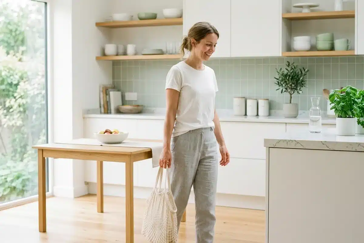 Port de charges après hystérectomie limite 5 kg Femme en convalescence portant un sac léger dans sa cuisine, respectant la limite des 5 kg après une hystérectomie