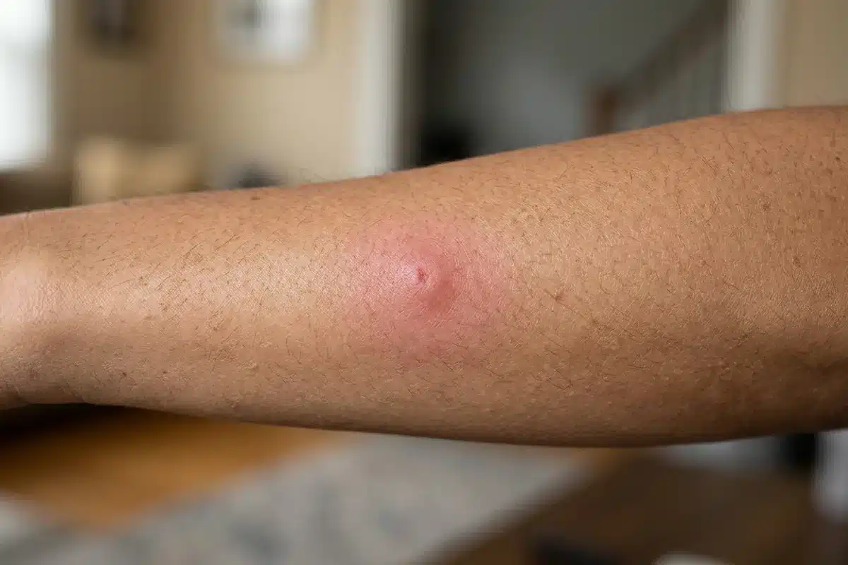 Réaction cutanée après une piqûre de moustique Plaque rouge légèrement gonflée avec un halo sur un avant-bras, réaction typique à une piqûre de moustique